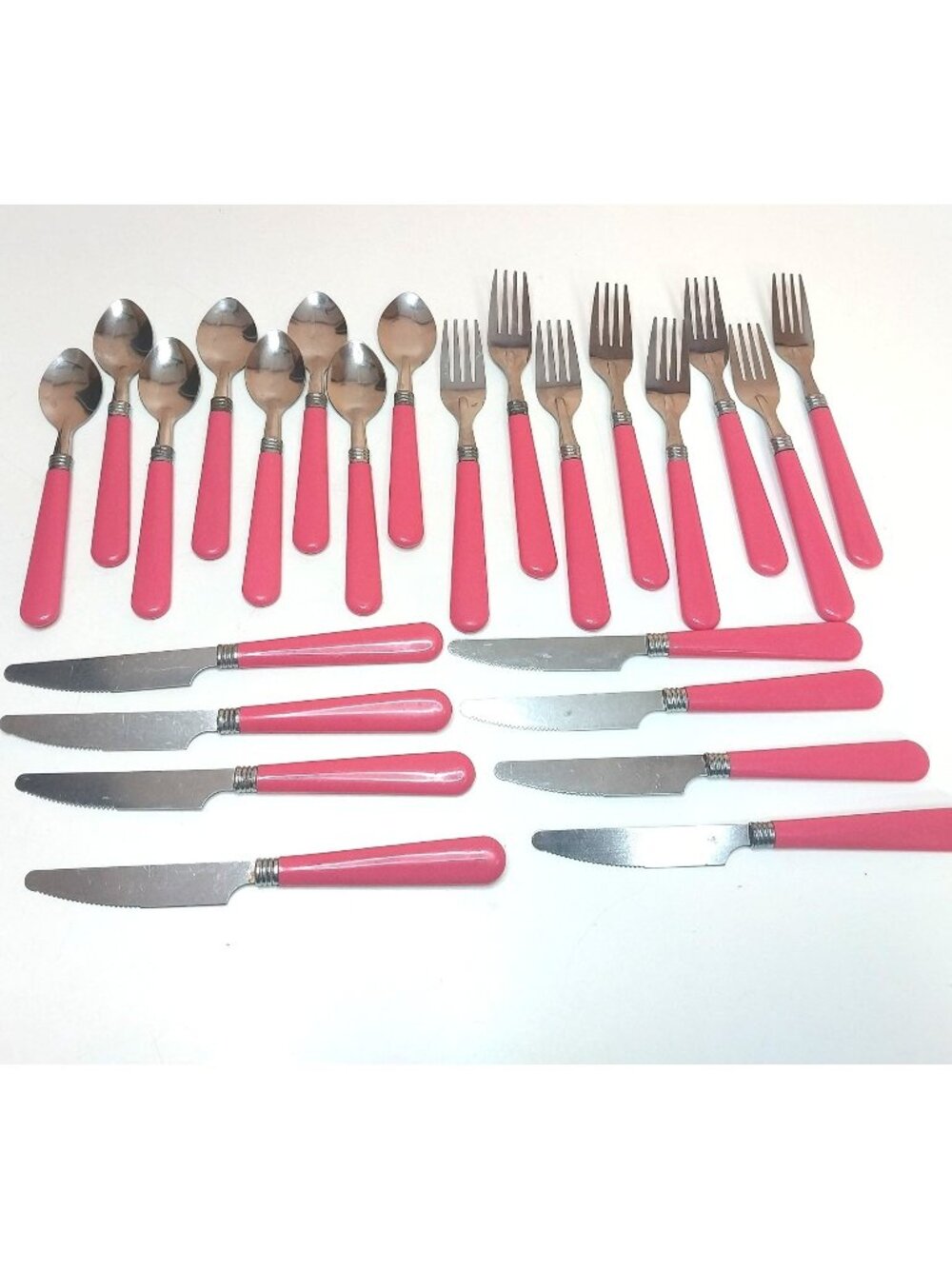 Vintage 24-Piece Pink Handle Flatware Set Knives Forks Spoons Stainless Steel